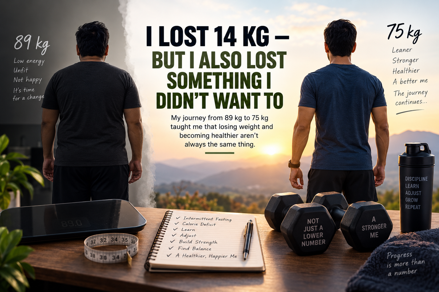 A before and after weight loss banner showing progress from 89 kg to 75 kg with strength and balance cues