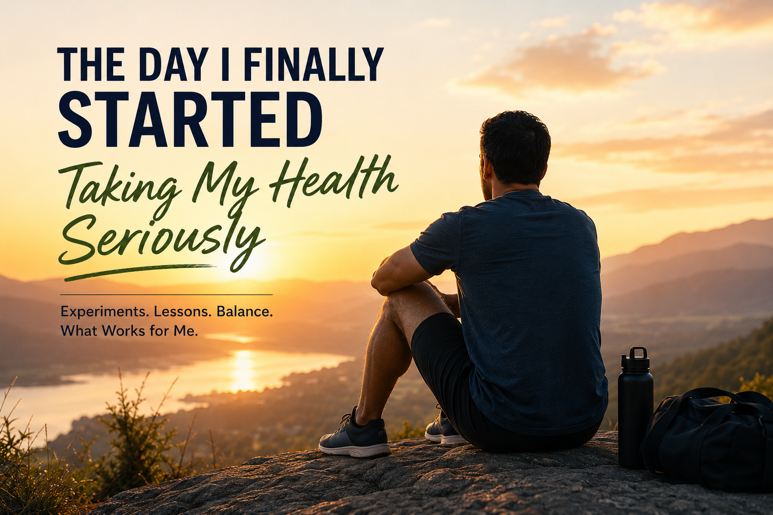A man sitting on a mountain overlook at sunrise with text about taking health seriously